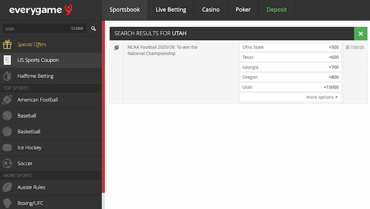 An image of the betting screen from Everygame, a popular online sportsbook in Utah.